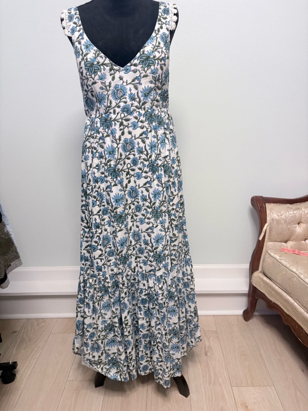 Anthropologie EDDY White Maxi Dress with Blue and Green Floral Print